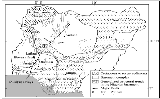 Map of Nigeria showing the Zungeru Ifewara fault