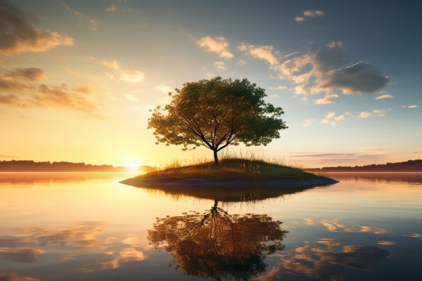 A tree in the middle of a lake at sunset